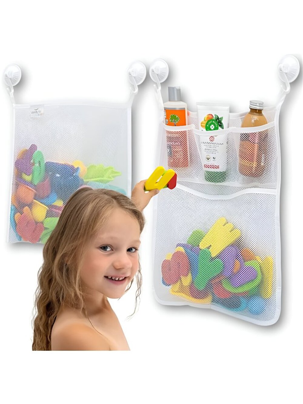 2 x Mesh Bath Toy Organizer + 6 Ultra Strong Hooks – For Kids & Toddlers